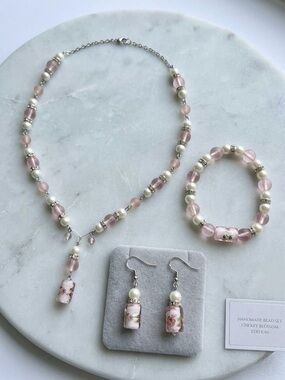 3pc Cherry Blossom Pink Floral Glass Bead & Pearl Jewelry Set